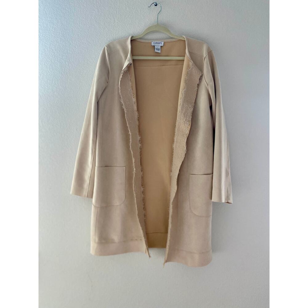Carmen Marc Valvo Faux Suede Nude Beige Longline Jacket Raw Edge Lace Trim